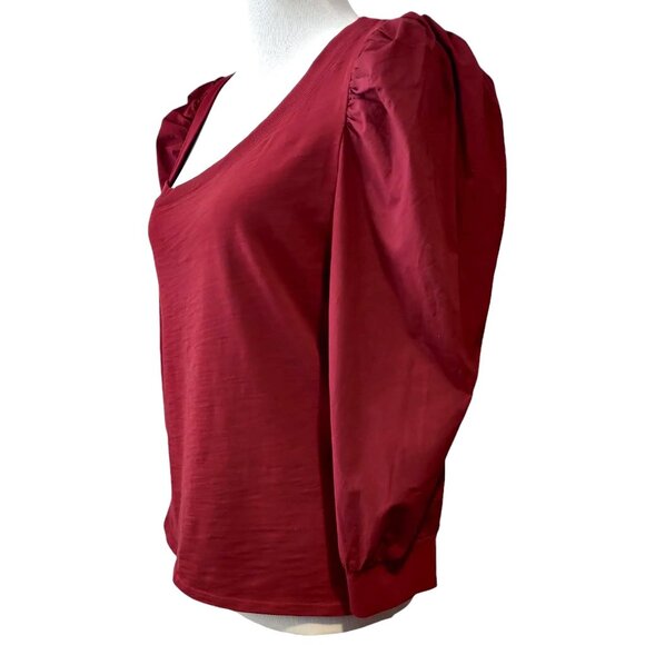Nation LTD Womens Size M Red Tori Asymmetric Neck Combo Puff Sleeve Cotton Top - Picture 2 of 10